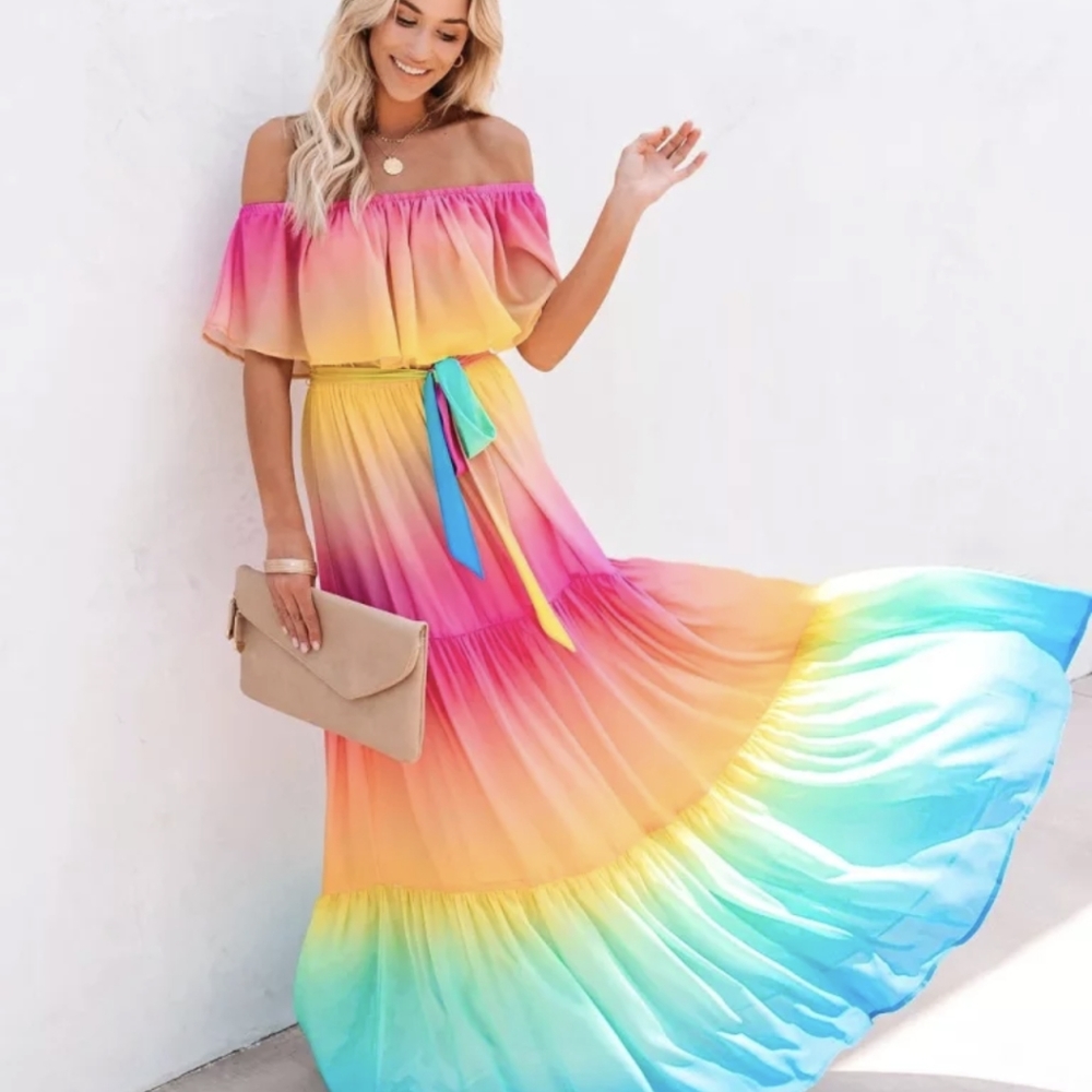 NWT Rainbow Ombre Boho Maxi Summer Dress S: Sm-Med